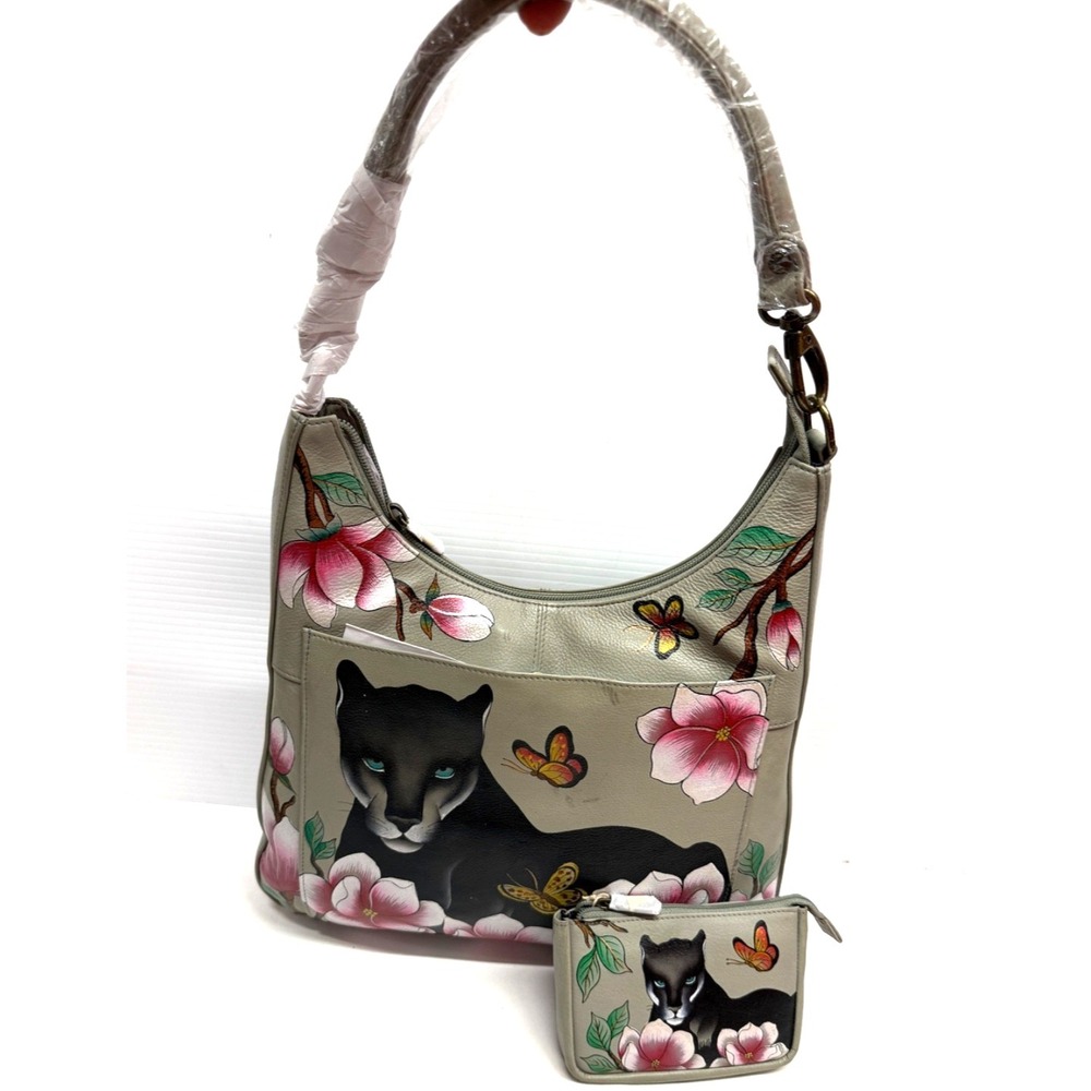 Anuschka Gray Floral Panther Butterfly Purse BAG  w/ change purse NEW SEE PICS